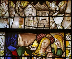 Fenster mit Darstellung von Maria Magdalena (fragmentarisch) und La Maison de Lorette, transportiert von Engeln